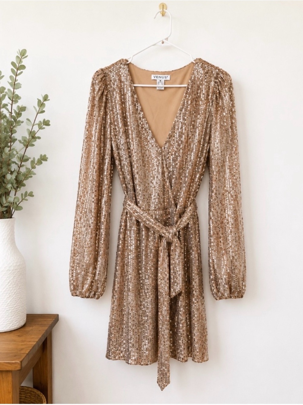VENUS medium Gold Sequin Long-Sleeve party Wrap Dress